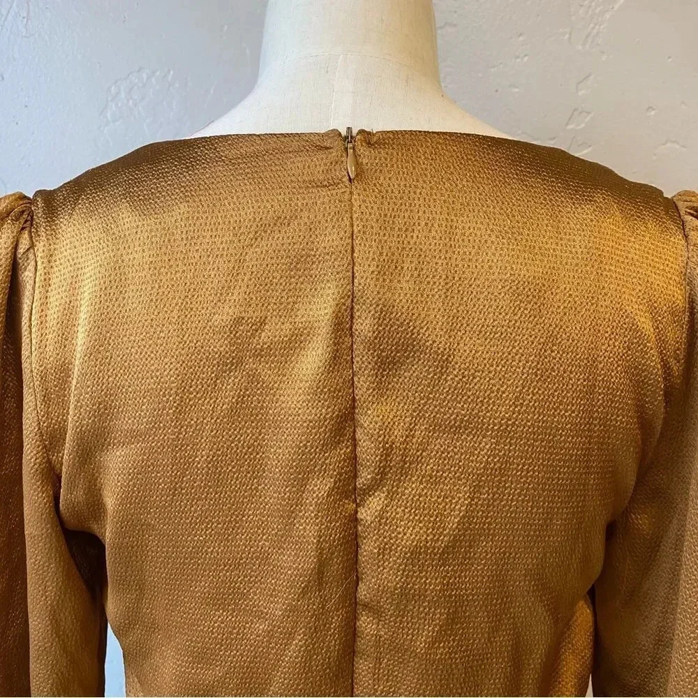 Lulu’s 4SI3NNA Brielle Bronze Satin Long Sleeve Midi Dress in Bronze Copper